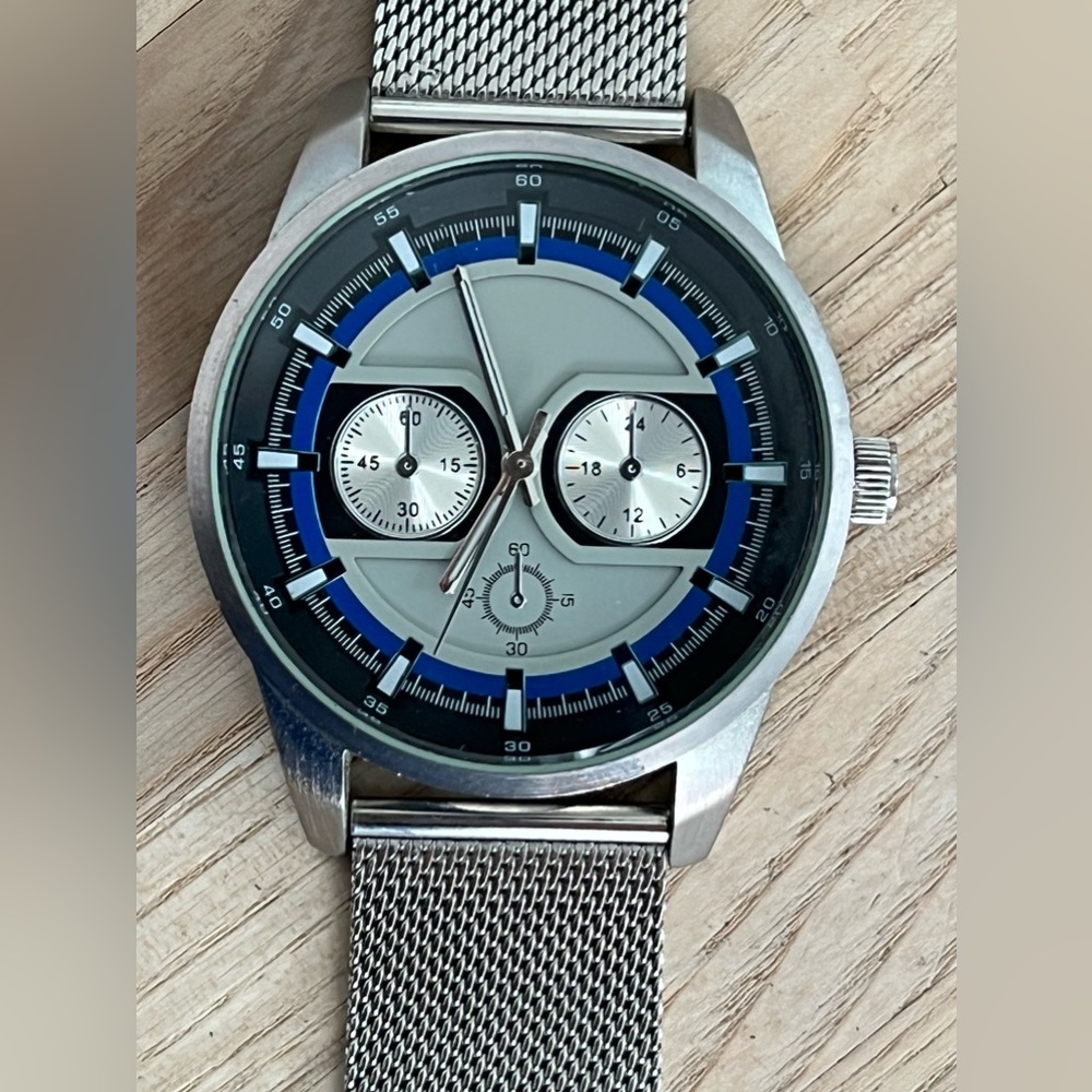 Aldo Men’s Watch Silver Gray and Blue Dial Stainless Mesh Adjustable Bracelet